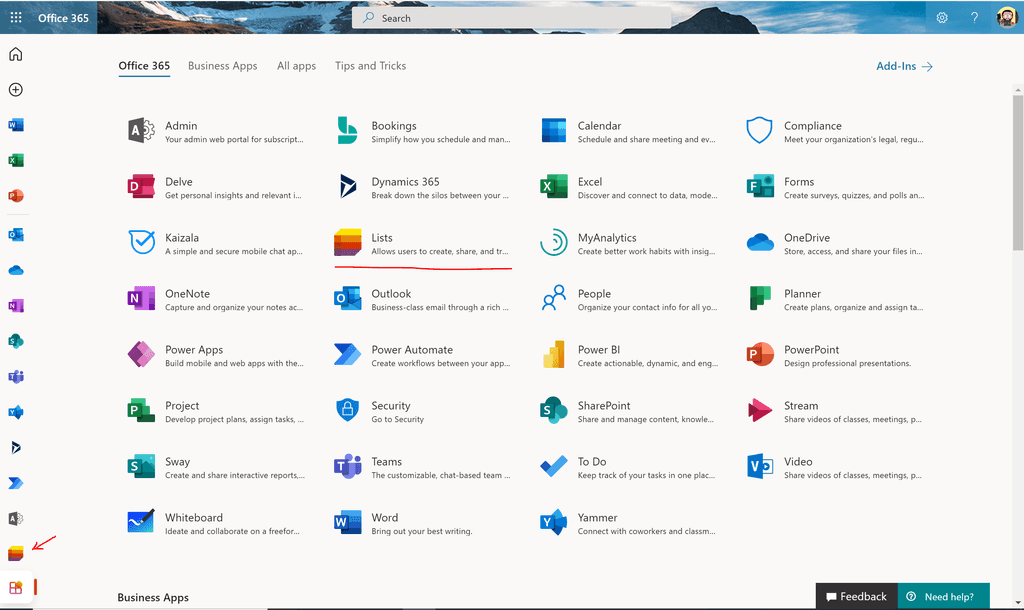 Imagen 1.- Acceso a la App de Microsoft Lists desde el lanzador de aplicaciones y la página donde se ubican todas las Apps del usuario.