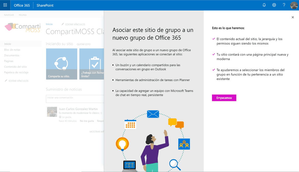 Imagen 4.- Primera pantalla del asistente para añadir un nuevo Grupo de Office 365 al sitio.